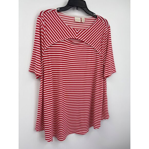 Chico's Stretch Striped Key Hole Short Sleeve Top Red White Sz 2 (12) Large - Picture 2 of 6